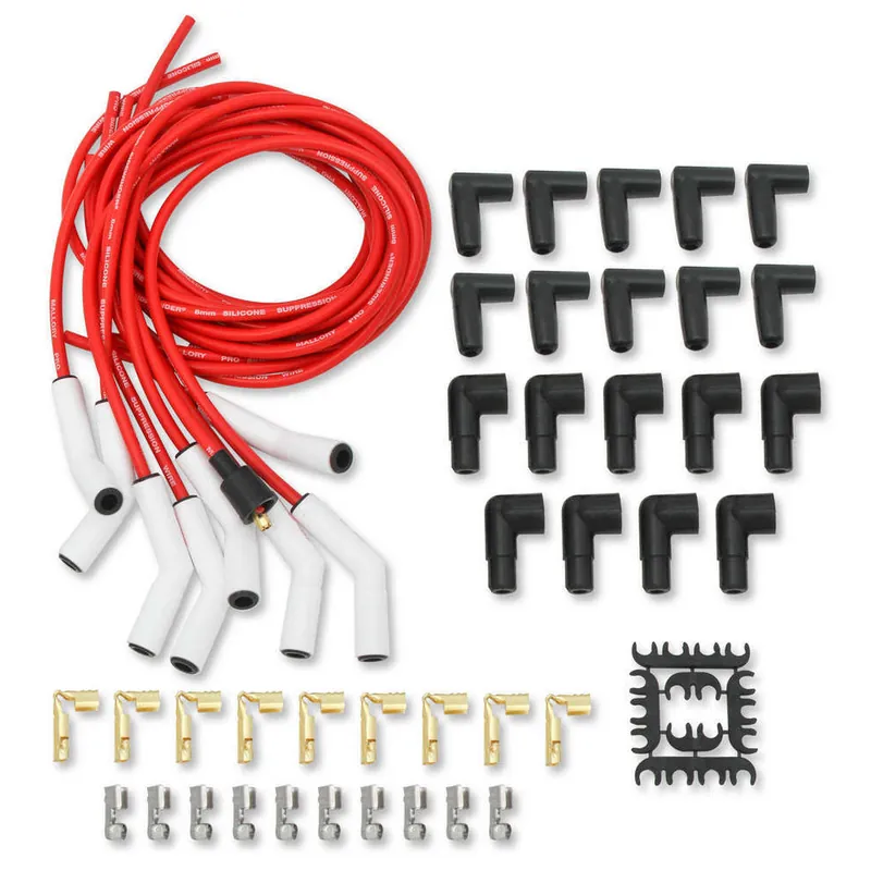 Mallory Pro Sidewinder Spiral Core 8 mm Spark Plug Wire Set - Red - 135 Degree Plug Boots - HEI / Socket Style - Universal Fast Shipping