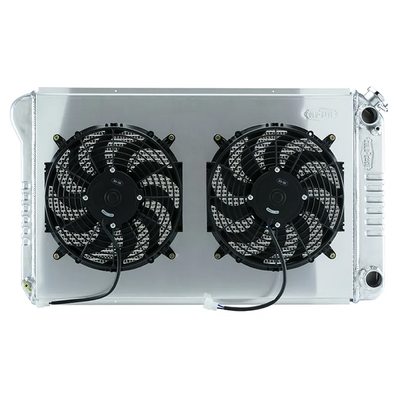 Best Seller Cold-Case Aluminum Radiator and Fan - 34.21" W x 18.82" H x 3" D - Passenger Side Inlet - Passenger Side Outlet - Polished - GM LS-Series - GM A-Body 1968-1977