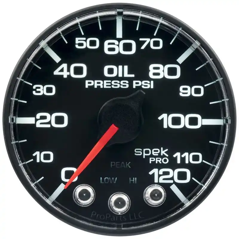 Warranty Included AutoMeter Spek-Pro Gauge Oil Press 2 1/16in 120psi Stepper Motor W/Peak and Warn Blk/Blk (P325324)